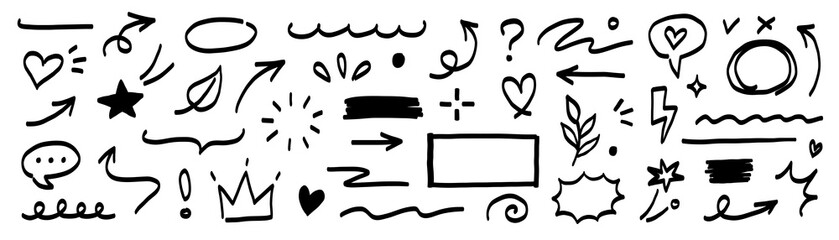 Hand marker line icon brush element set. Hand drawn marker sketch style underline, arrow, heart shape. Doodle crown, heart, pointer and symbol element for business infographic. Vector illustration