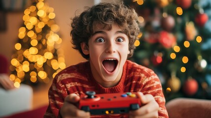 Excited Boy Playing Video Games on Christmas Day with Holiday Cheer