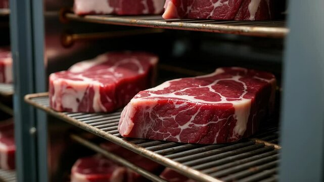 A selection of marbled beef steaks stored on grill grates, showcasing their rich texture and color.