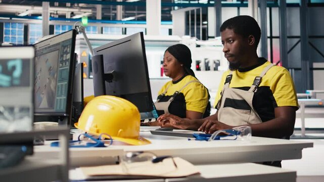 Black engineer develops power optimization models in solar panel production, working on PC software to increase renewable energy photovoltaic systems. Eco friendly industry. Camera B.