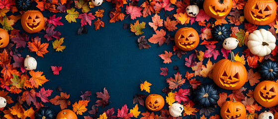 Halloween Fall Decorations Background With Pumpkins, Leaves, and Fall Colors