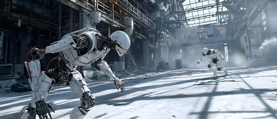 White Robots In A Snow Covered Destroyed City