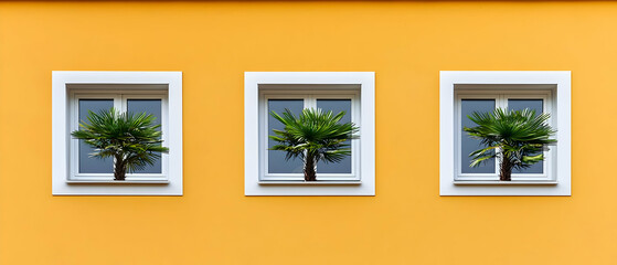 Three Square Windows With Small Trees On Yellow Building