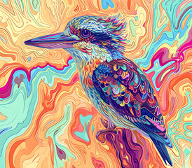 Obraz premium an abstract drawing of a kookaburra with colorful lines, precisionist lines, light red and indigo, colorful turbulence with mixed pattern colorful background