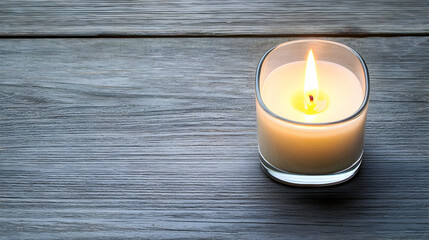 Burning Candle On Rustic Wooden Table