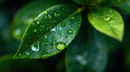 Fototapeta premium Fresh green leaf with glistening water droplets, a symbol of nature's delicate beauty 