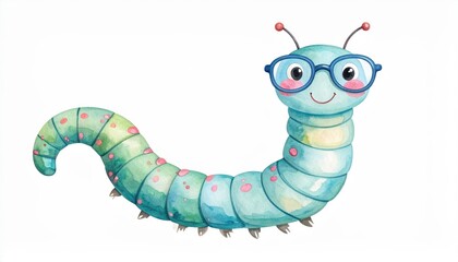 Whimsical watercolor caterpillar with glasses, a charming character for children's books and nature illustrations