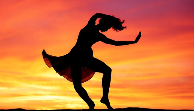 Silhouette of Female Dancer Performing Against A Vibrant Sunset Gradient Sky With Fluid Motion Expressing Grace and Passion