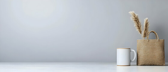 Simple White Mug and Beige Bag on Gray Background