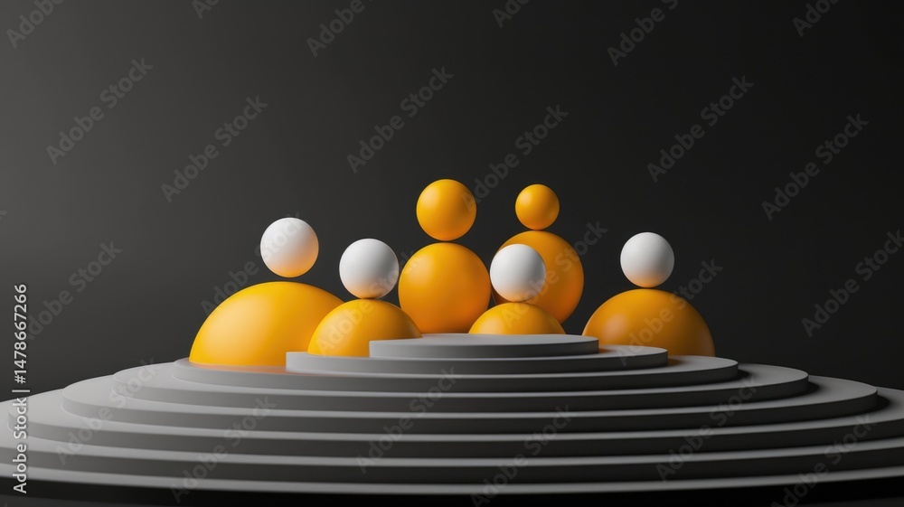 Poster abstract image of colorful 3d geometric shape with various texture against a dark background. 3d ren