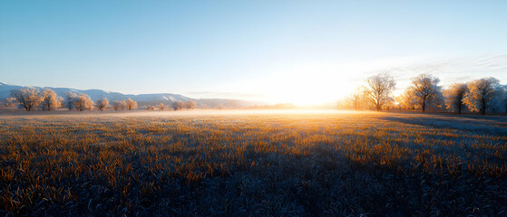 Sunrise Over Snowy Field With Frost Covered Trees