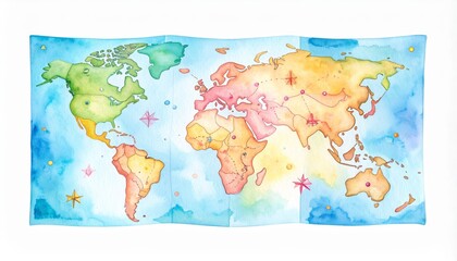 Detailed watercolor world map, a colorful depiction of continents and oceans for educational decorative purposes