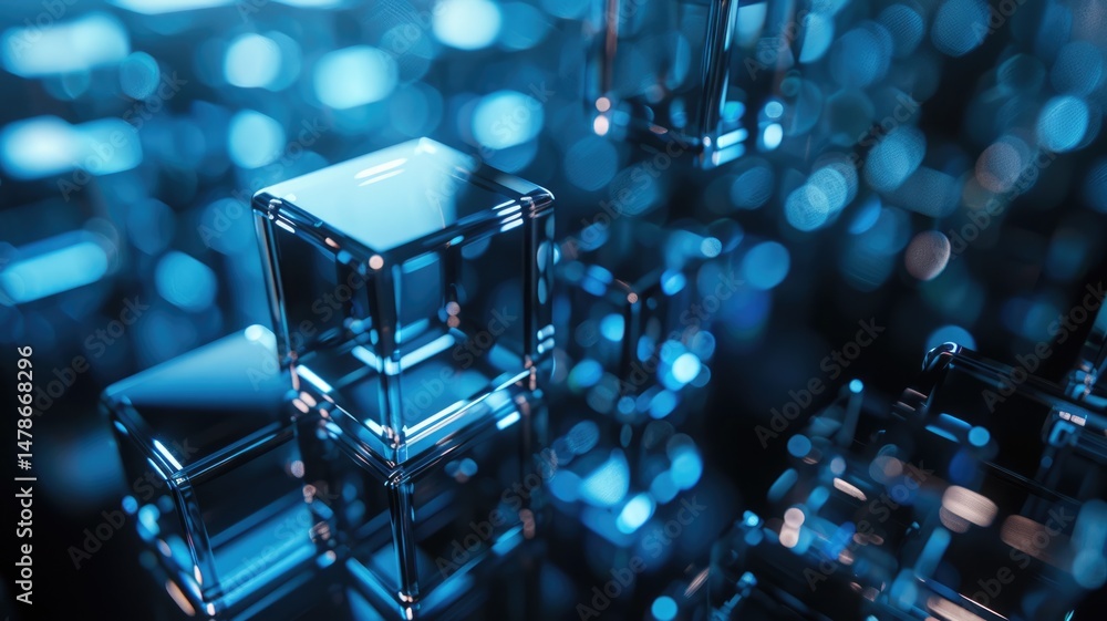 Poster abstract digital art with blue glowing cube and particles. digital artwork of transparent cube with 