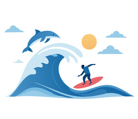 Obraz premium Minimal illustration of a surfer riding a giant ocean wave with birds and the sun in the sky, perfect for summer, surfing culture, adventure, and coastal lifestyle themes