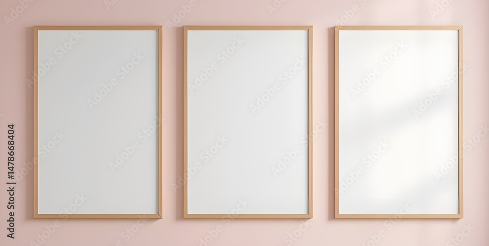 Poster three vertical frames adorn a pastel wall, bathed in soft light, creating a calming atmosphere.