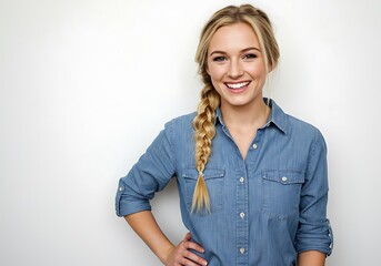 Smiling woman with blonde braid and denim shirt against white background