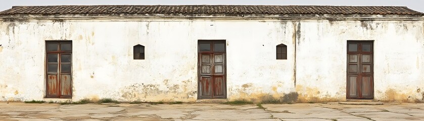 Fototapeta premium Exterior view of a weathered white building with aged brown doors and windows.