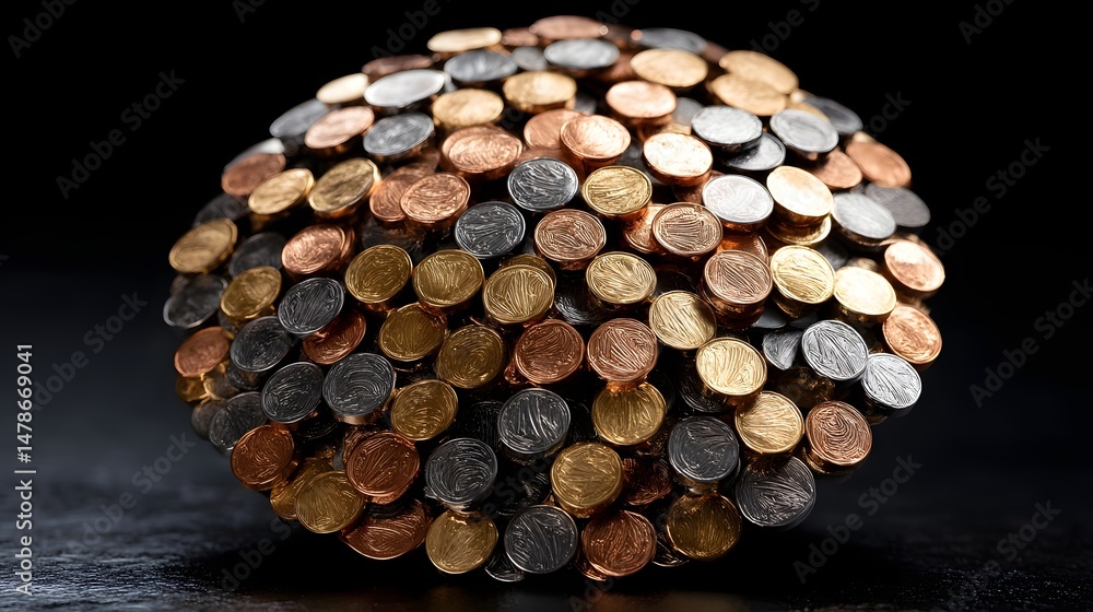 Poster high-angle view of a large pile of coins forming a circular shape on a table surface