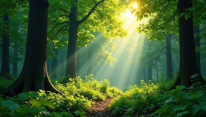 Sunlight dappled through the leaves of a lush forest, showcasing vibrant green foliage and towering trees , foliage, forestry, woodland