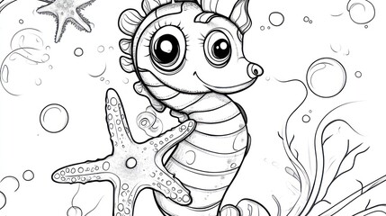 Obraz premium Cute seahorse, outlined in black ink, surrounded by starfish and bubbles. Underwater scene, perfect for coloring