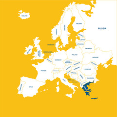 Greece vector map, Europe, vector map silhouette illustration isolated on Europe map. Editable blank vector map of Europe. 