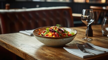 Fresh salad in bowl on wooden table at restaurant eye level shot healthy eating concept