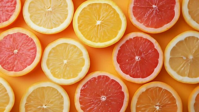 Vibrant Citrus Fruit Slices Arranged on Orange Background Featuring Fresh Grapefruit Lemon and Oranges in a Tabletop Flat Lay Still Life