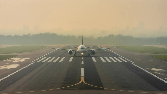 Airplane taxiing down runway on foggy morning, concept for travel, transportation and airline industry