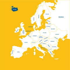 Iceland vector map, Europe, vector map silhouette illustration isolated on Europe map. Editable blank vector map of Europe. 