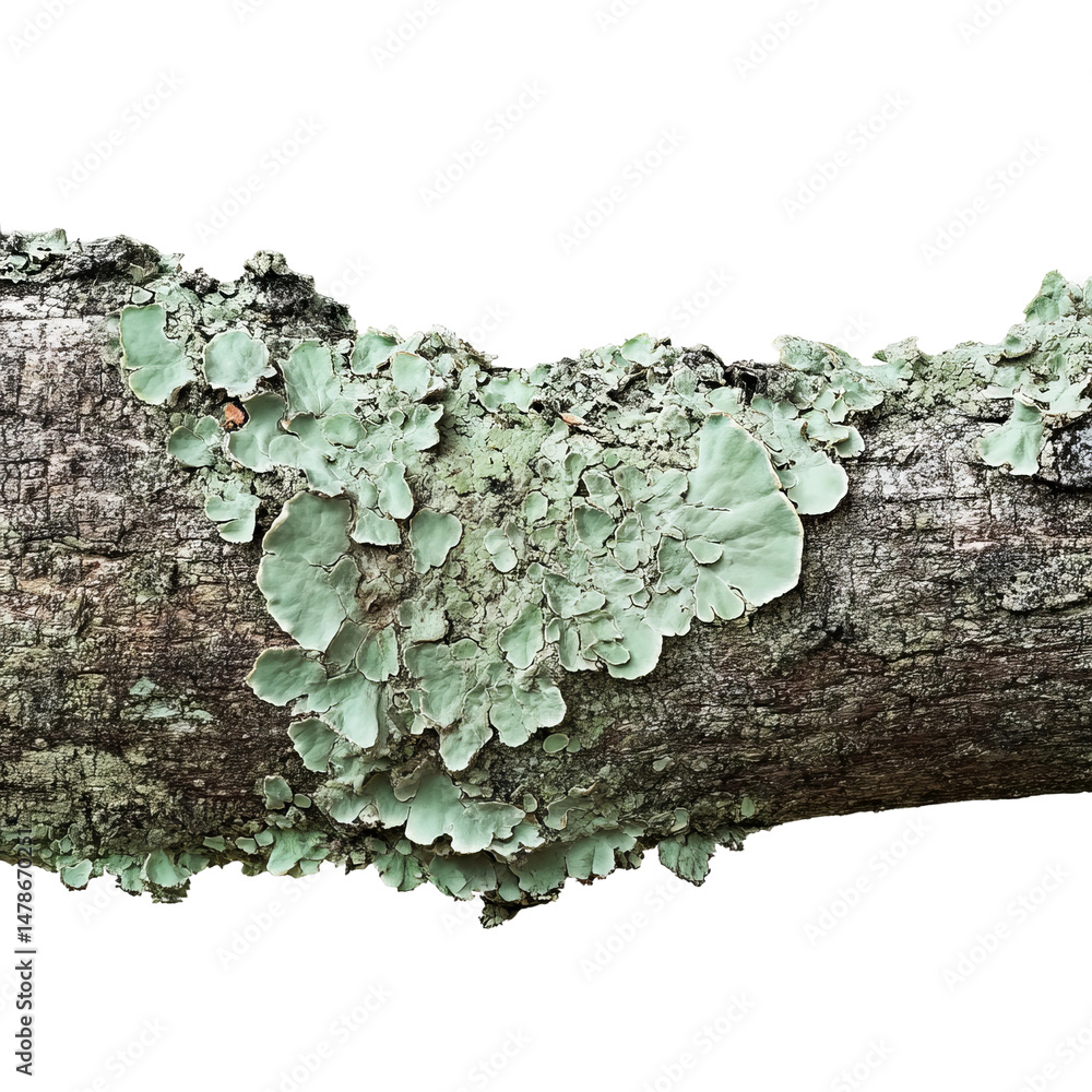Poster detailed view of a tree branch with textured bark and patches of green lichen