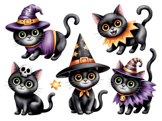 Obraz premium Adorable halloween black cats wearing witch hats costumes and accessories in a cartoon illustration