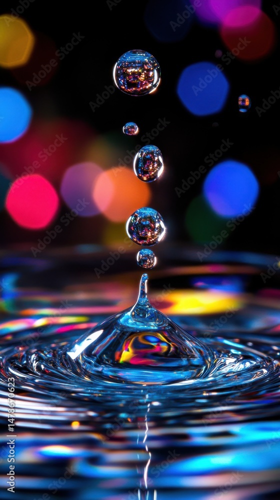 Poster macro shot of water droplets falling into pool with colorful bokeh background studio shot