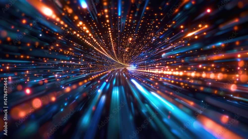 Poster light speed burst with blue and orange streaks. dynamic motion of glowing particles in a digital tun