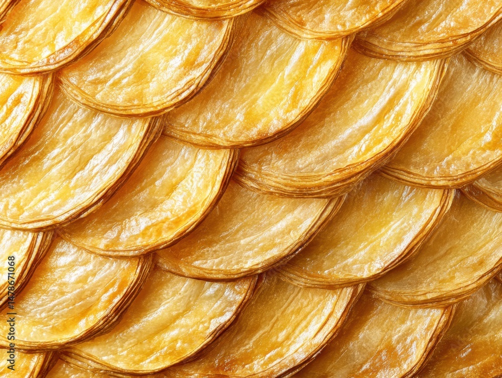 Poster golden flaky pastry layers arranged in overlapping pattern close up overhead shot studio food photog