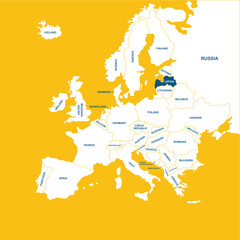 Latvia vector map, Europe, vector map silhouette illustration isolated on Europe map. Editable blank vector map of Europe. 
