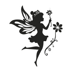 Fairy flying holding flower silhouette