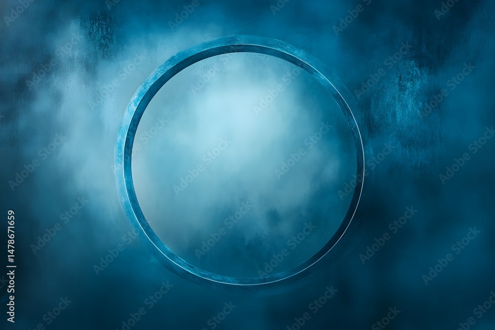 Poster abstract blue circle surrounded by fog and mist creating a moody and atmospheric scene