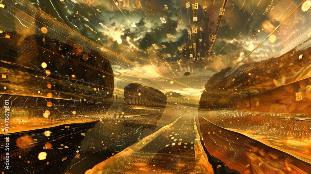 Poster abstract picture of light particle with digital technology style design in natural view of earth con