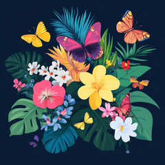 A vibrant bloom of tropical flowers in full summer color, with butterflies fluttering