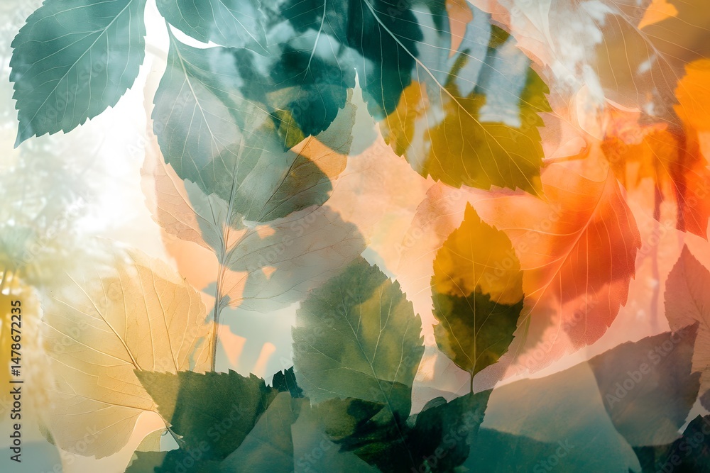 Poster abstract colorful composition of overlapping transparent leaves creating a warm and artistic nature 