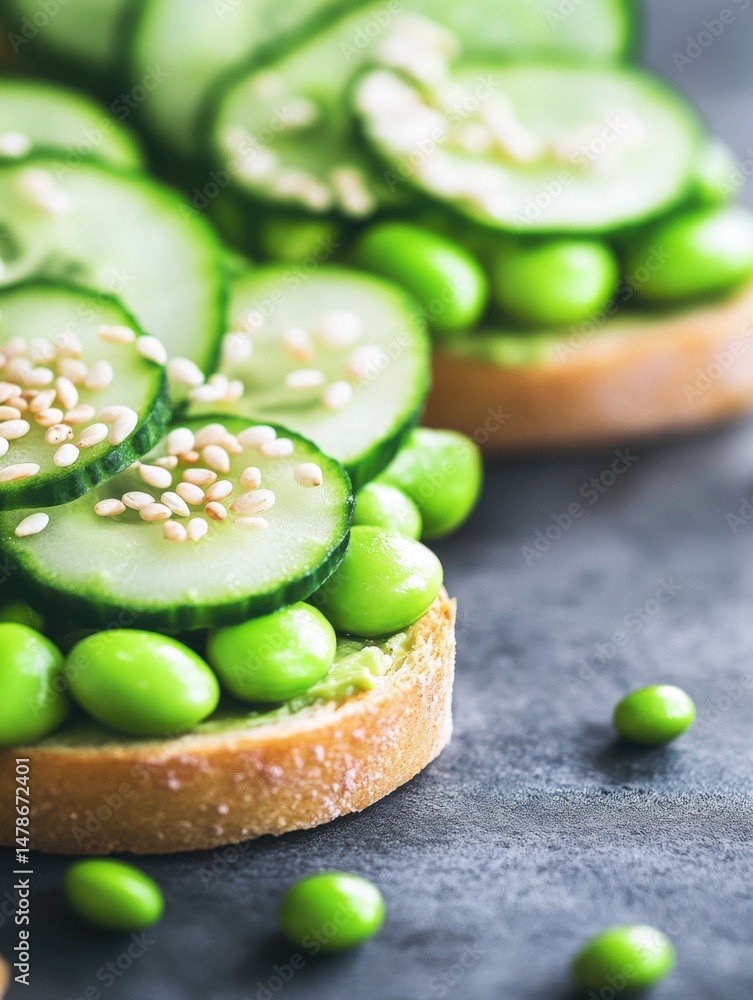 Aufkleber Close up of Edamame and Cucumber Toast Appetizer with Sesame Seeds on Dark Background Macro Shot