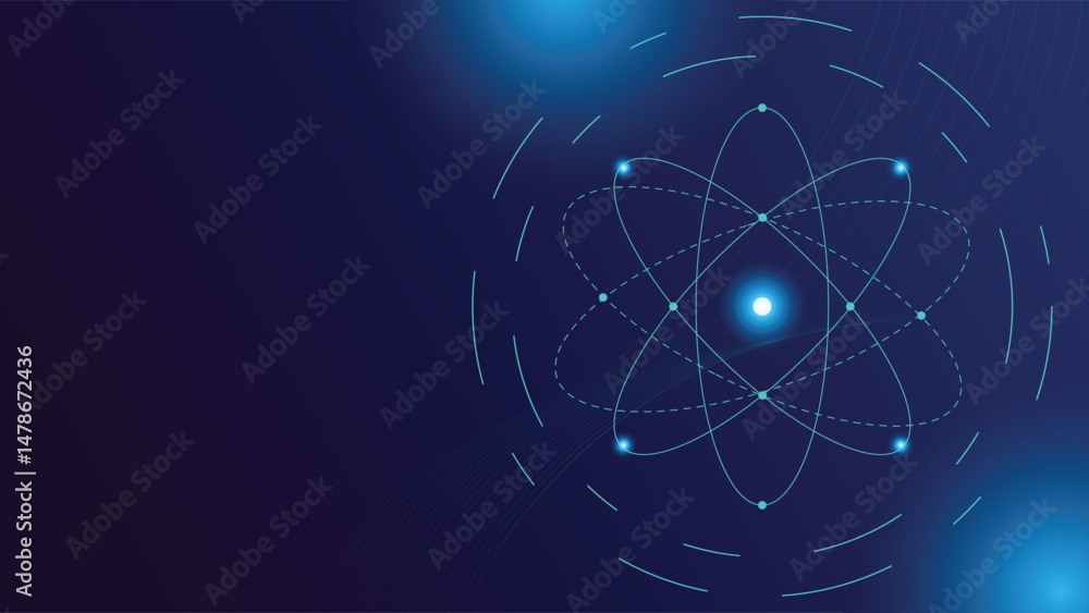 Poster abstract atom design with glowing particles and digital lines on a blue background perfect for scien