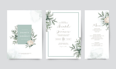 Elegant wedding invitation template set of white roses green leaves