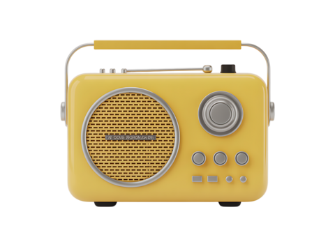 Stylish yellow retro radio with circular speaker grill and control buttons against a neutral background
