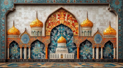 Obraz premium Ornate mosaic architectural design. Intricate detail, colorful tiles, and arches