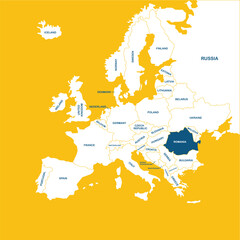 Fototapeta premium Romania vector map, Europe, vector map silhouette illustration isolated on Europe map. Editable blank vector map of Europe. 