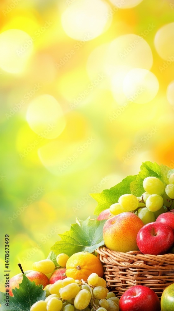 Aufkleber abundant harvest still life apples and grapes in wicker basket against bokeh background vertical com