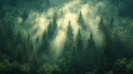 Fototapeta premium Misty forest canopy, sunbeams piercing through