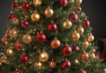 Fototapeta premium Vibrant baubles adorn a Christmas tree, encircled by soft, glowing lights , christmas tree, celebration