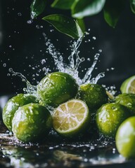 Fresh limes being splashed with water in a dark and moody food photography style close up shot